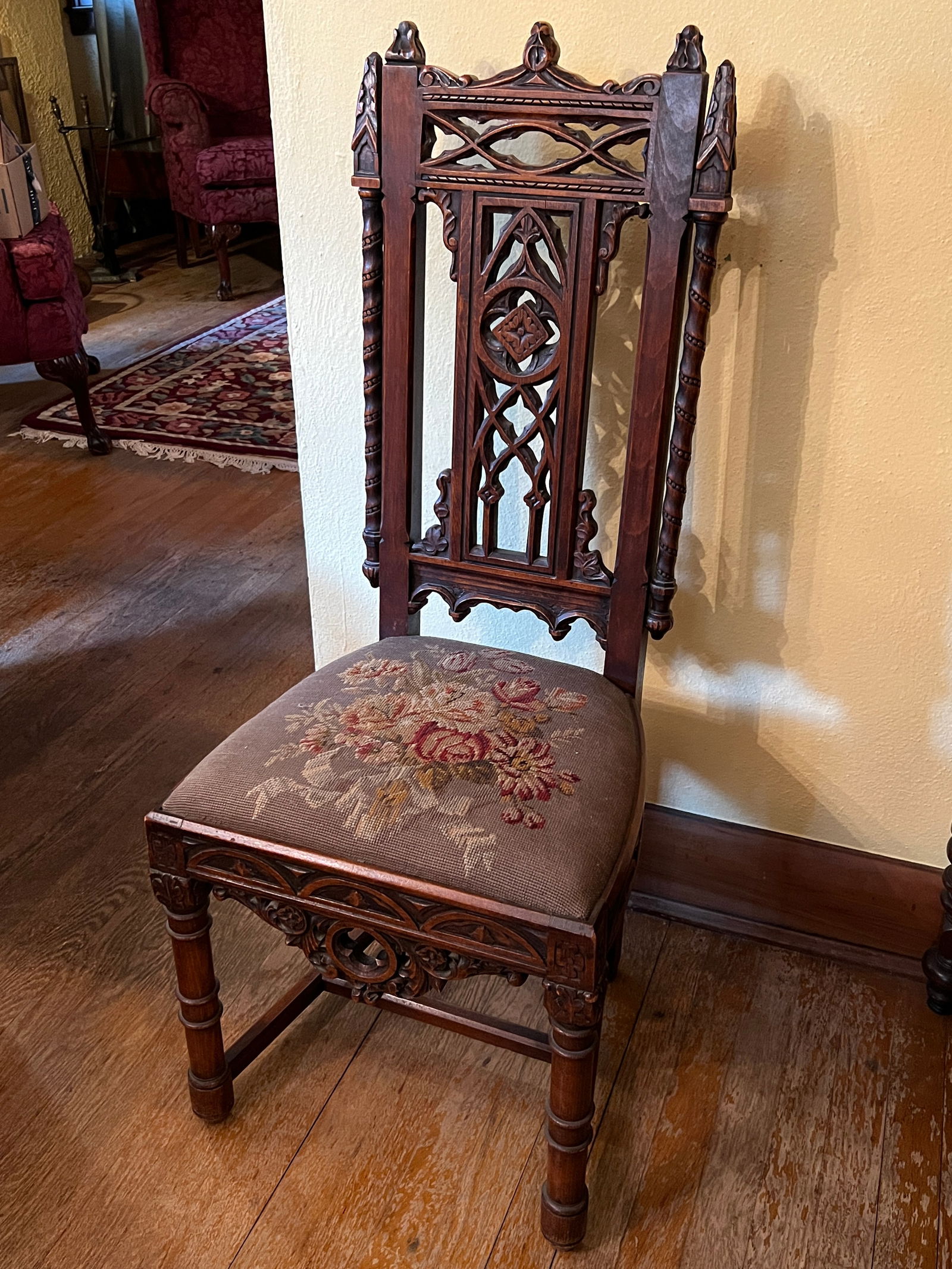 European Antique Handcarved Wood Needlepoint Chair: needs a little tightening, but other than that, in great shape
