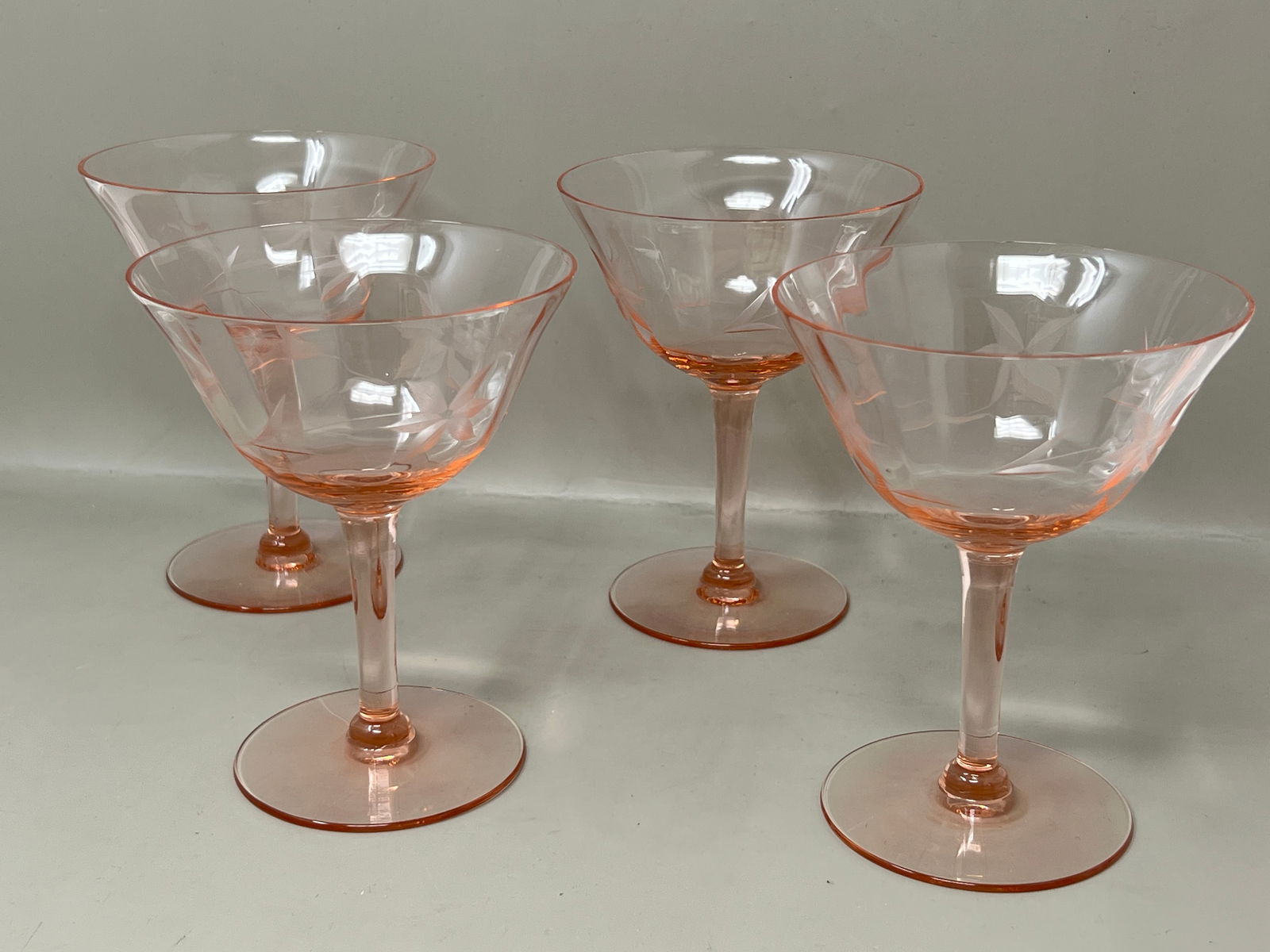 Depression Glass Wine Claret Goblet Glasses Stemware: Set of Four, some small chips on one, noted in photos, small fleabite chip on another, shown in photos