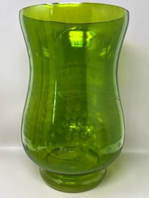 Large Etched Green Glass Curvilinear Centerpiece Vase