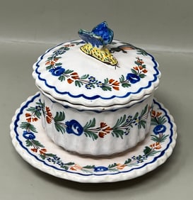 Antique Henriot Quimper French Faience Beurrier Lidded Dish