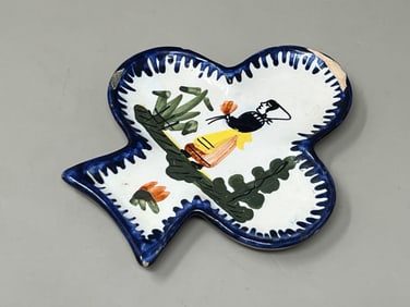 mid-1800s Antique Quimper French Faience Club Shape Trinket Dish