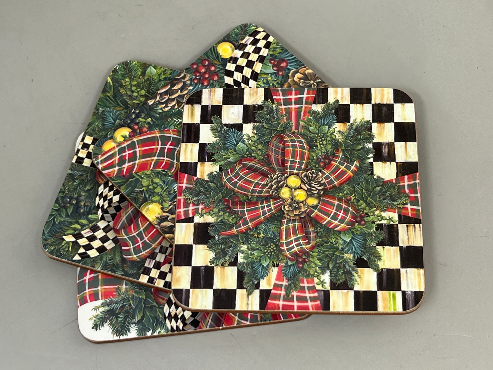 Mackenzie Childs Evergreen Christmas Coasters Coaster Set: great condition