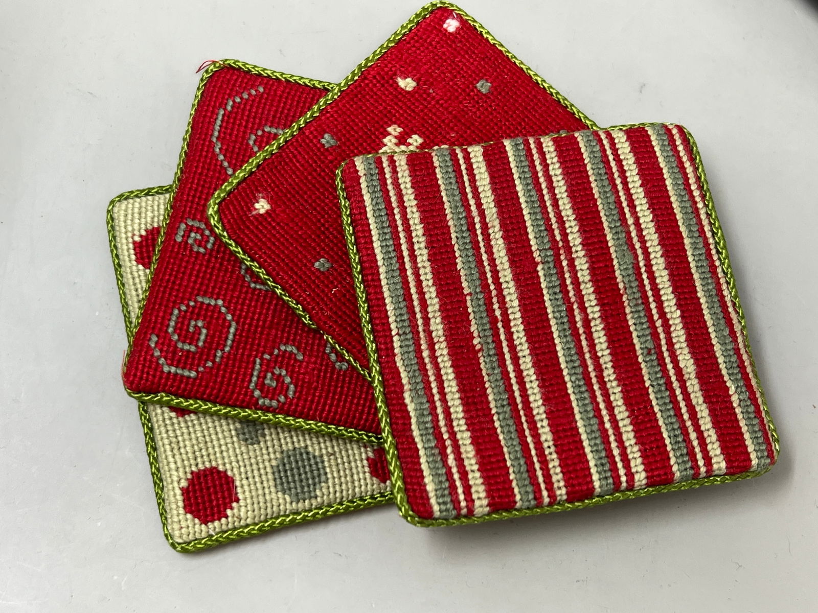 Handwoven Premium Christmas Coasters, As Found: polka dot coaster has stain