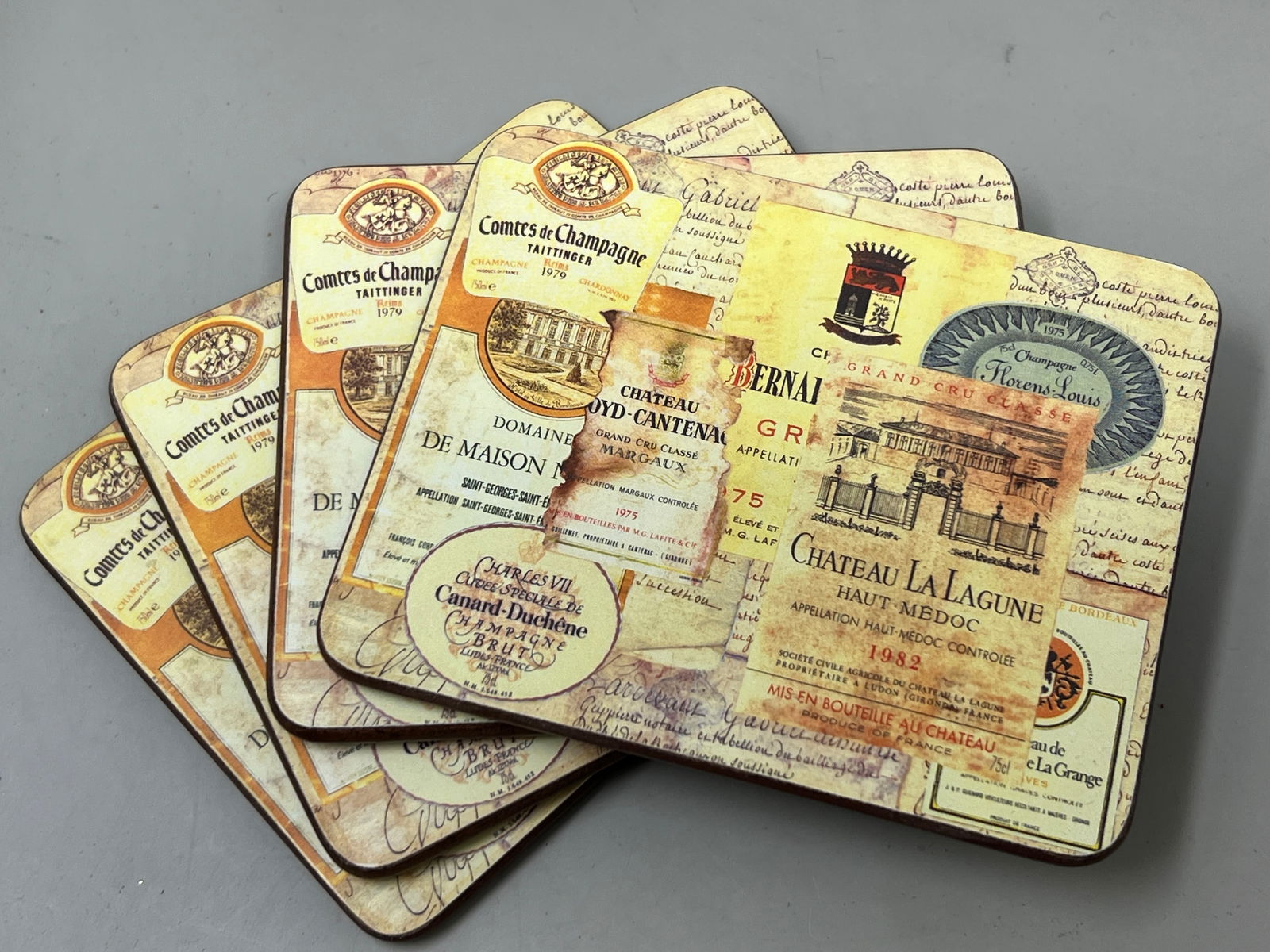 Lady Clare French Wine Champagne Label Coasters, As Found: Velvet Backed, with tags.