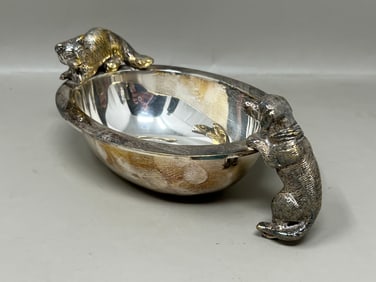 Silver-Plated Nut Dish With Cat & Dog Figural Motif