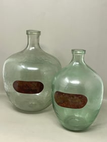 Copper Medallioned Demijohn Carboy Glass Bottle Pair