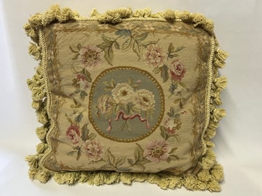 Vintage Downfilled Needlepoint Throw Pillow with Tassels