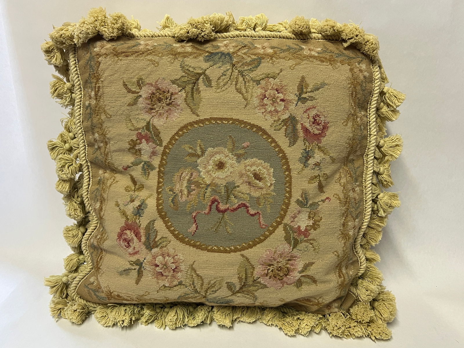 Vintage Downfilled Needlepoint Throw Pillow with Tassels (1 of 7)