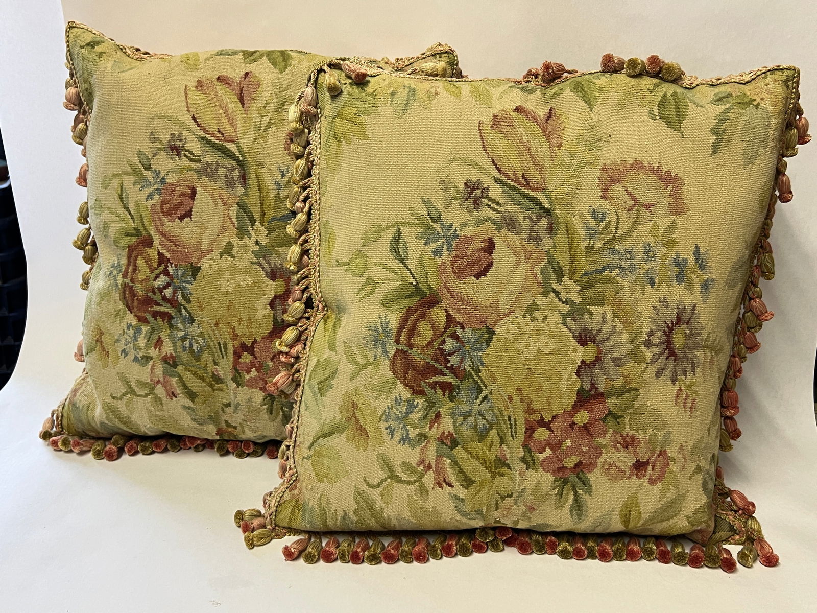 Pair Vintage Downfilled Needlepoint Throw Pillows with Tassels (1 of 6)