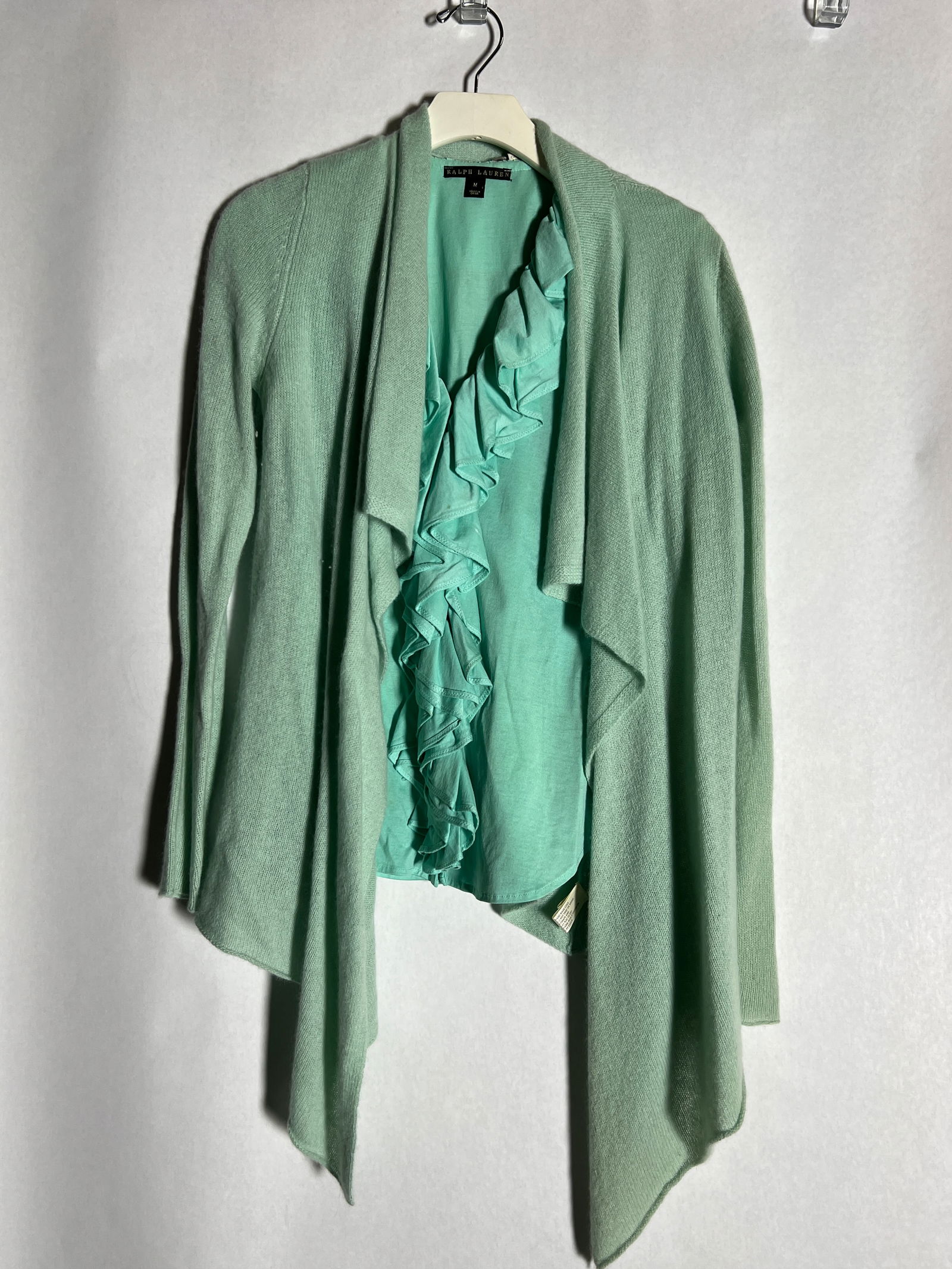 Sz M Ralph Lauren Blouse, 100% Cashmere White and Warren Sweater: Seafoam Green, Blouse has staining, shown in photos