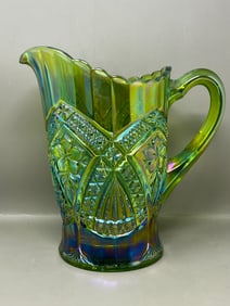 Green Carnival Glass Pressed Heavy Irridescent Pitcher Jug