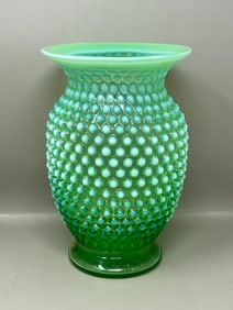 Vintage Opalescent Green Fenton Hobnail Glass Vase
