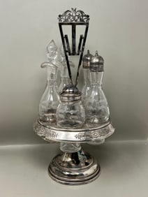 Art Deco Silverplate Cruet Set w Carousel Caddy, complete aside from spoon