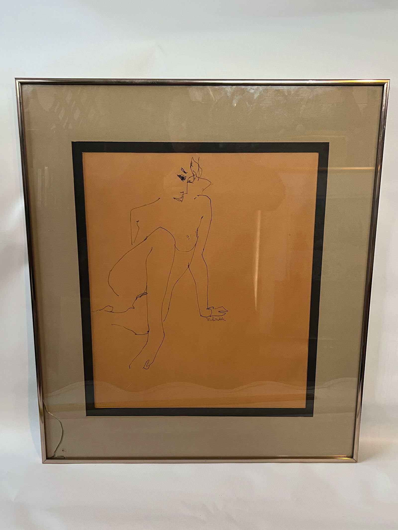 Signed Pen & Ink Line Drawing Nude "Schridde": glass is cracked, noted in photos