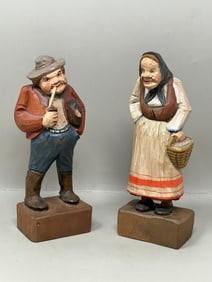 Carved Wood Man & Woman Figurines Old World