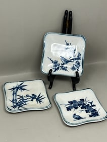 Trio of Chinoiserie Pottery Square Plates