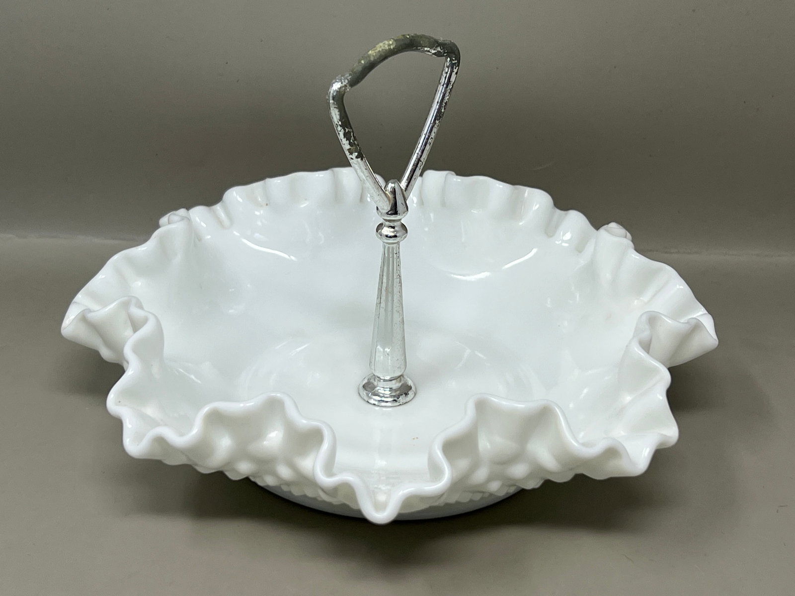 Metal Handle Ruffle Glass Bon Bon Tray Candy Dish Bowl: patination/mottling on handle