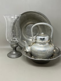 Vintage Pewter & Silverplate Tea Ketlle, Plates, Bowl