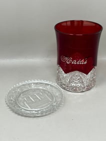 EAPG Ruby Etched Glass Cup "Hattie" "Rosalie Natchez" Westmoreland Cup Plate