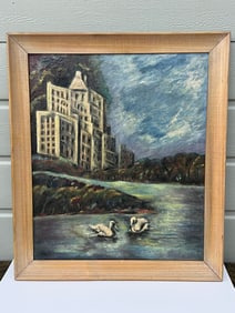 Older Original Oil Painting of Swans in River
