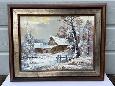 Beautifully Highlighted Original Oil Painting Winter Cabin Signed T Azeen