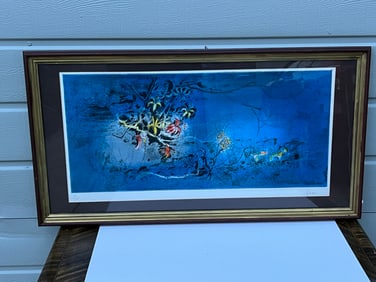 Pencil Signed "Hoi" Lithograph in Frame, Nightime Flowers