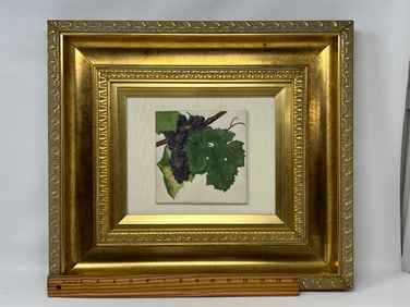 Gilt Framed Cabernet Grapes Motif Studio Pottery Art Tile