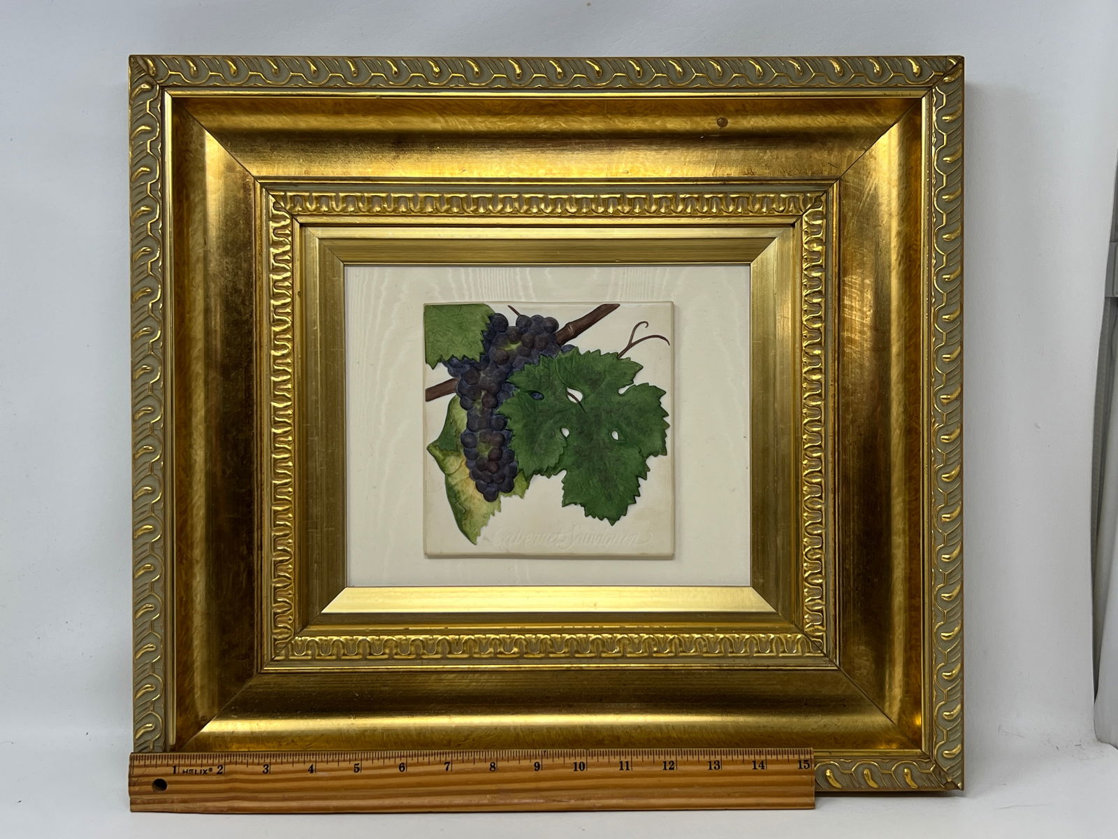 Gilt Framed Cabernet Grapes Motif Studio Pottery Art Tile: great condition