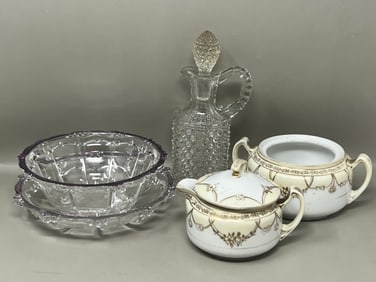 Antique Glass Dewdrop Cruet, Oyster & Pearl Bowls, Nippon Cream Sugar