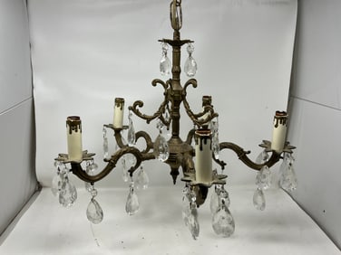 Vintage French Style Brass Framed Crystal Chandelier