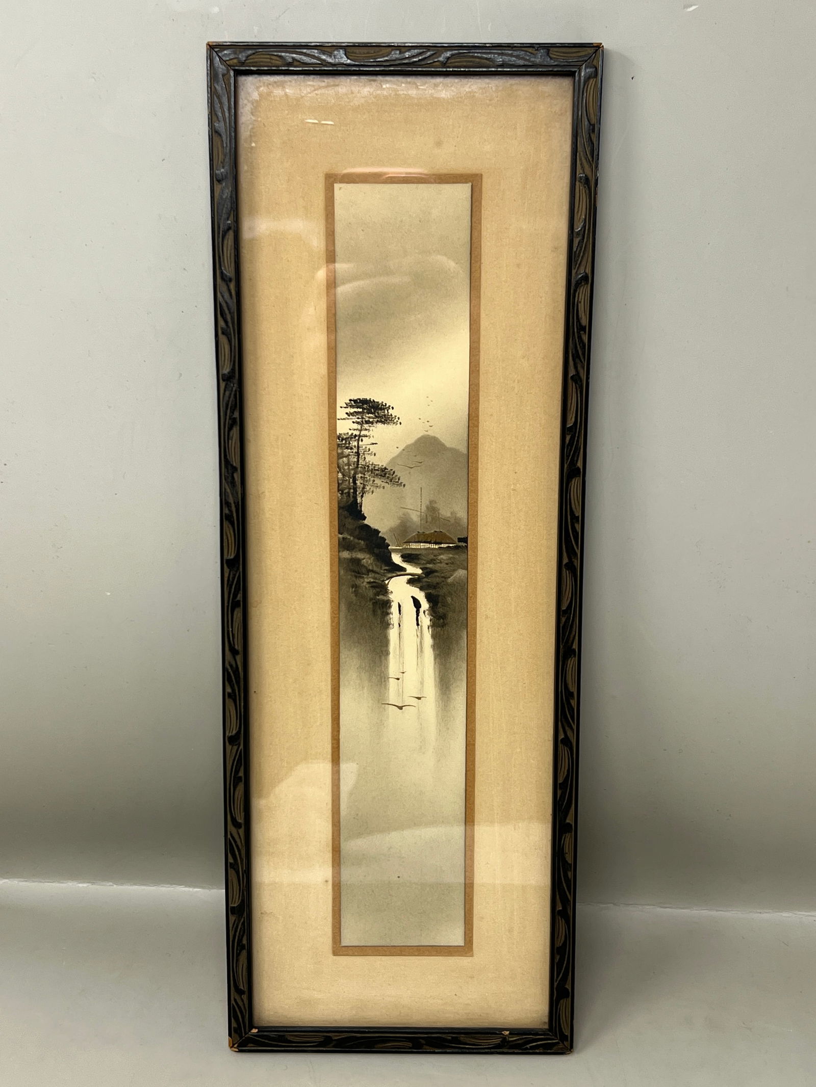 Framed Art Nouveau Period Japanese Ink Wash Artwork: in beautiful carved wood frame