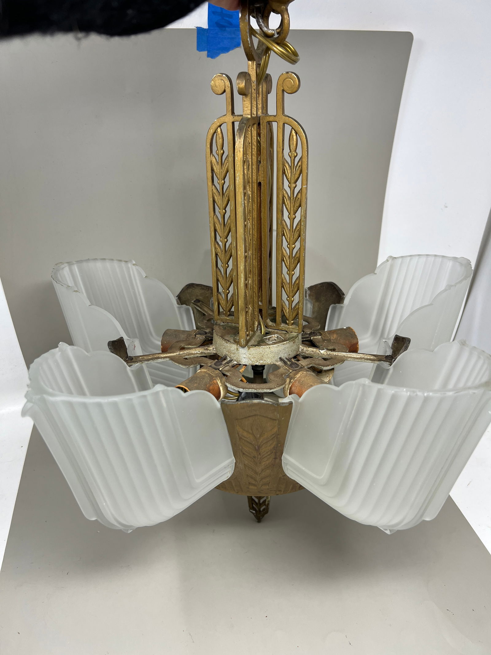 Art Deco Brass Chandelier Lamp Light Fixture: Incredible Condition