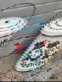 Vintage Pennsylvania Dutch Motif Painted Trash Rubbish Bucket Can