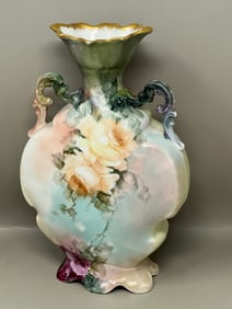 Antique Handpainted Rose Handled Porcelain Vase