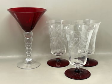Ruby Glass & Crystal Rose Cut Glass Antique Ice Tea Glasses