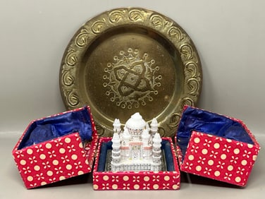 1970s Indian Brass Plate & Carved Stone Taj Mahal