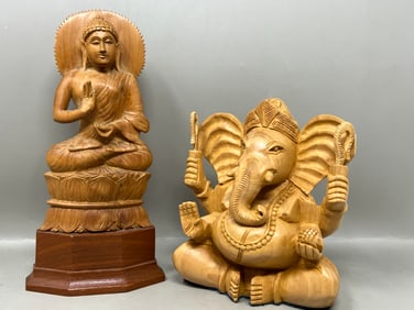 1970s Carved Wood Ganesha & Buddha Figurine Statues