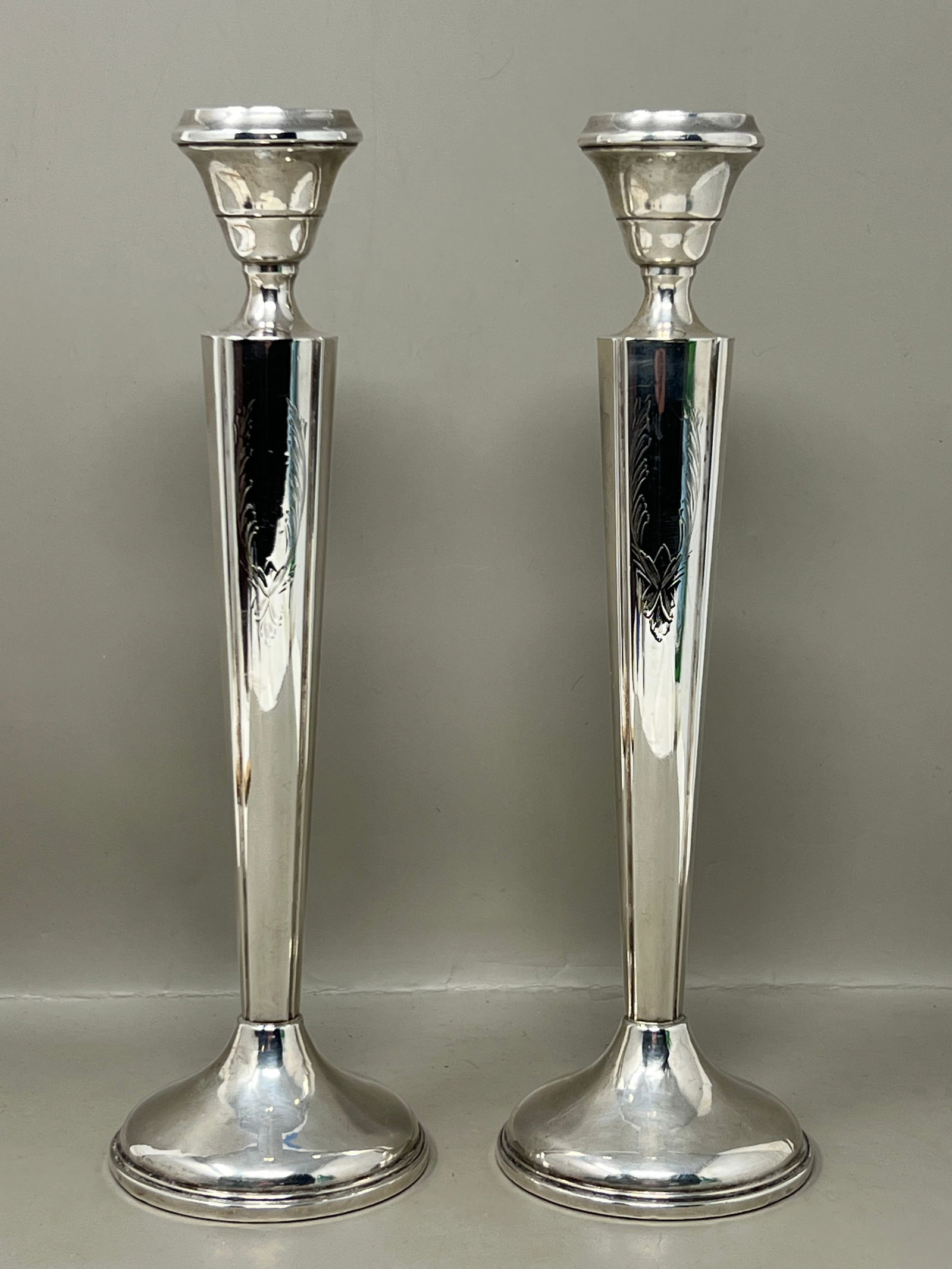 Etched Weighted Sterling Silver Candlestick Pair: great condition