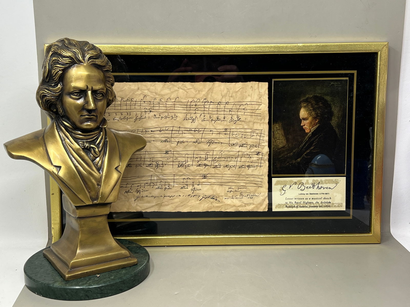 Mozart Collectable Display; Polished Brass Bust, Reproduction Letter in Frame: great collectors piece or gift