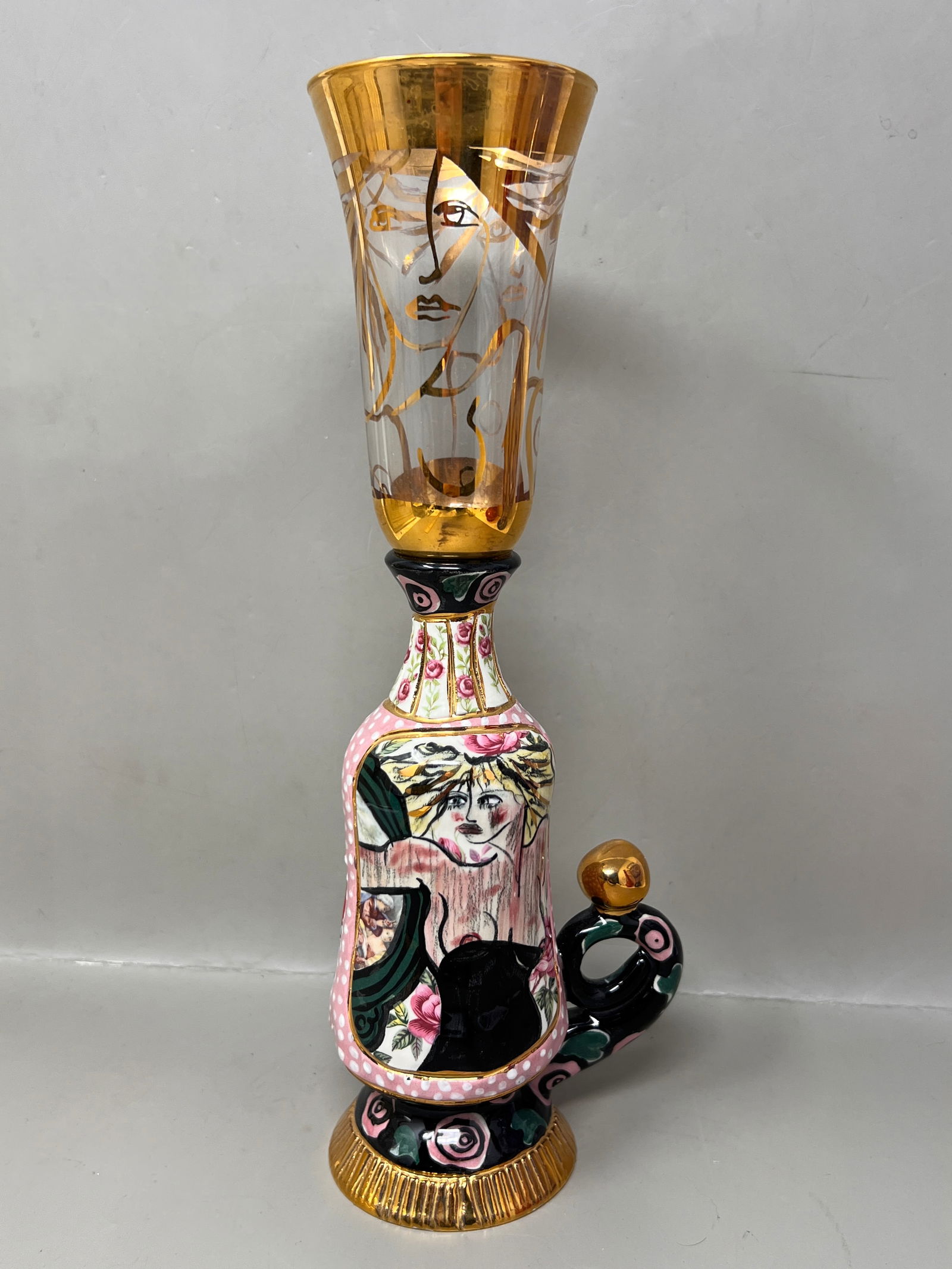 Whimsical Nude Laney Oxman Gold Goblet with Black Pottery Handle: Figurative Sculpture with Female Nudes