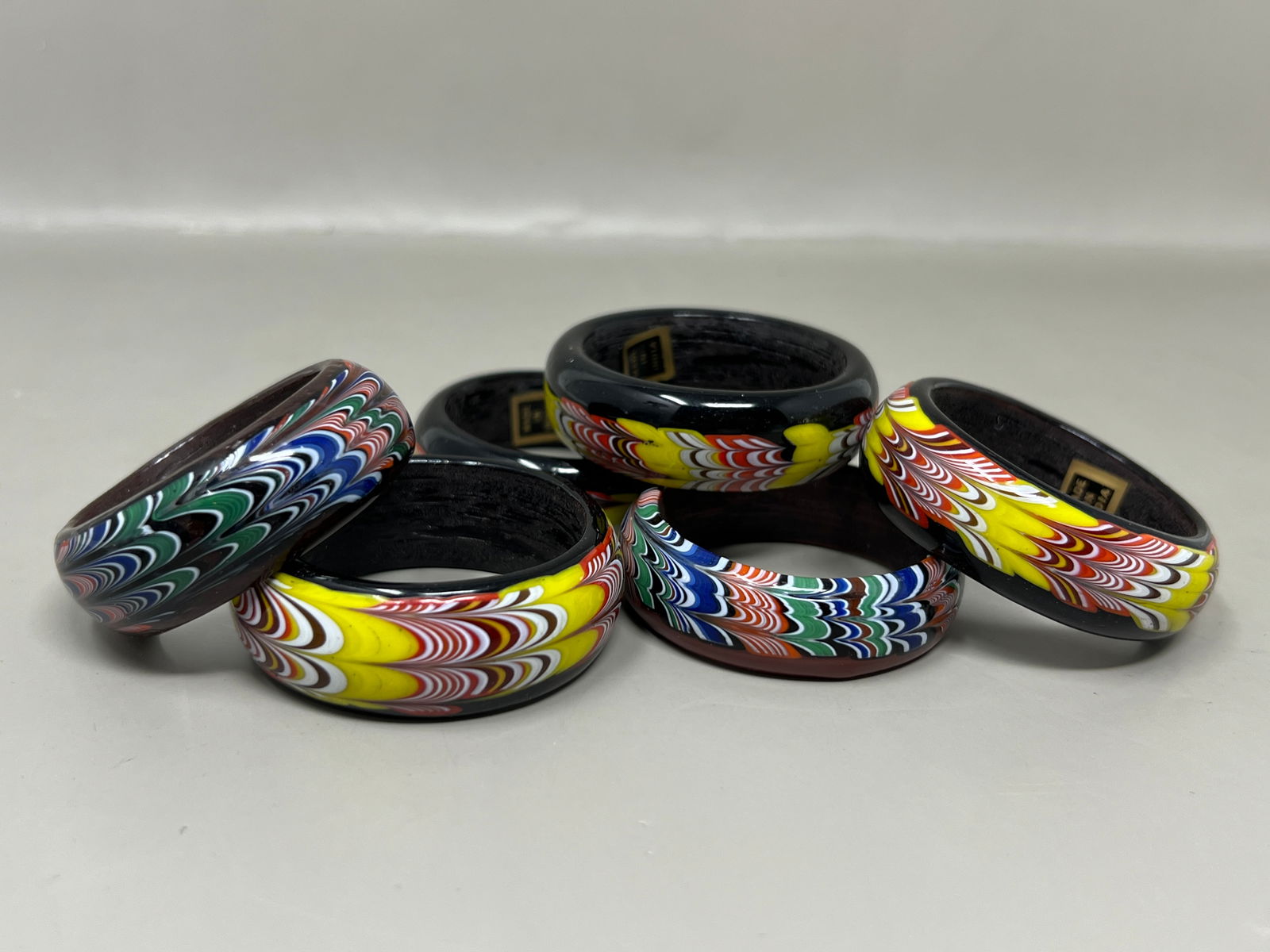 Vintage Indian Art Glass Marbled Glass Napkin Rings Set of 6: 4 yellow & red, 2 green & blue