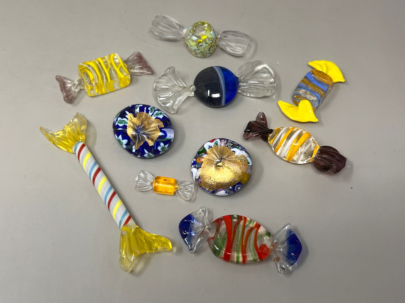 Murano Art Glass Candies, Gold Embellished Millefiori Drop Paperweights (1 of 12)