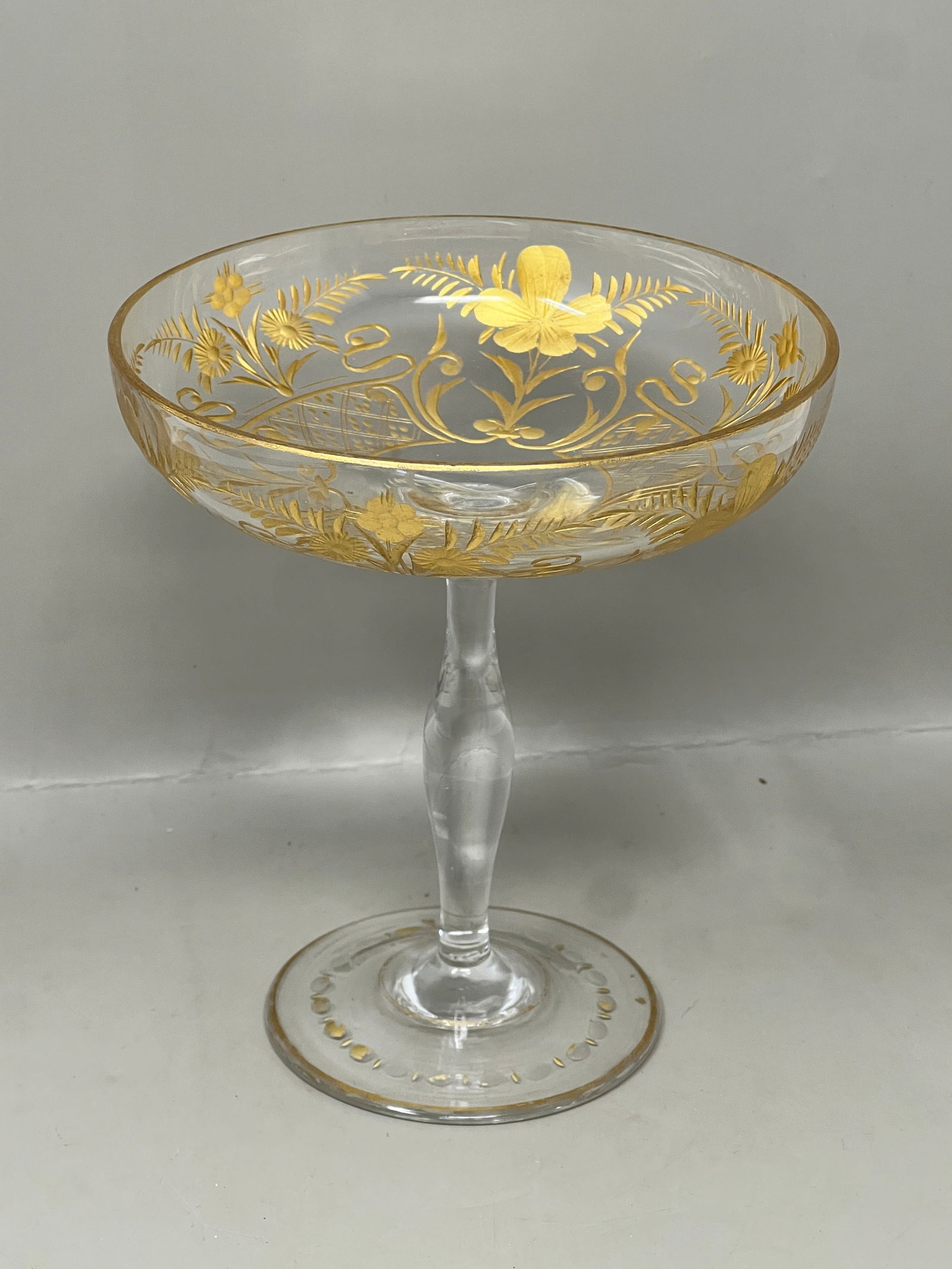 Antique Moser Style Gold on Glass Tazza Pedestal Bowl: incredible detail