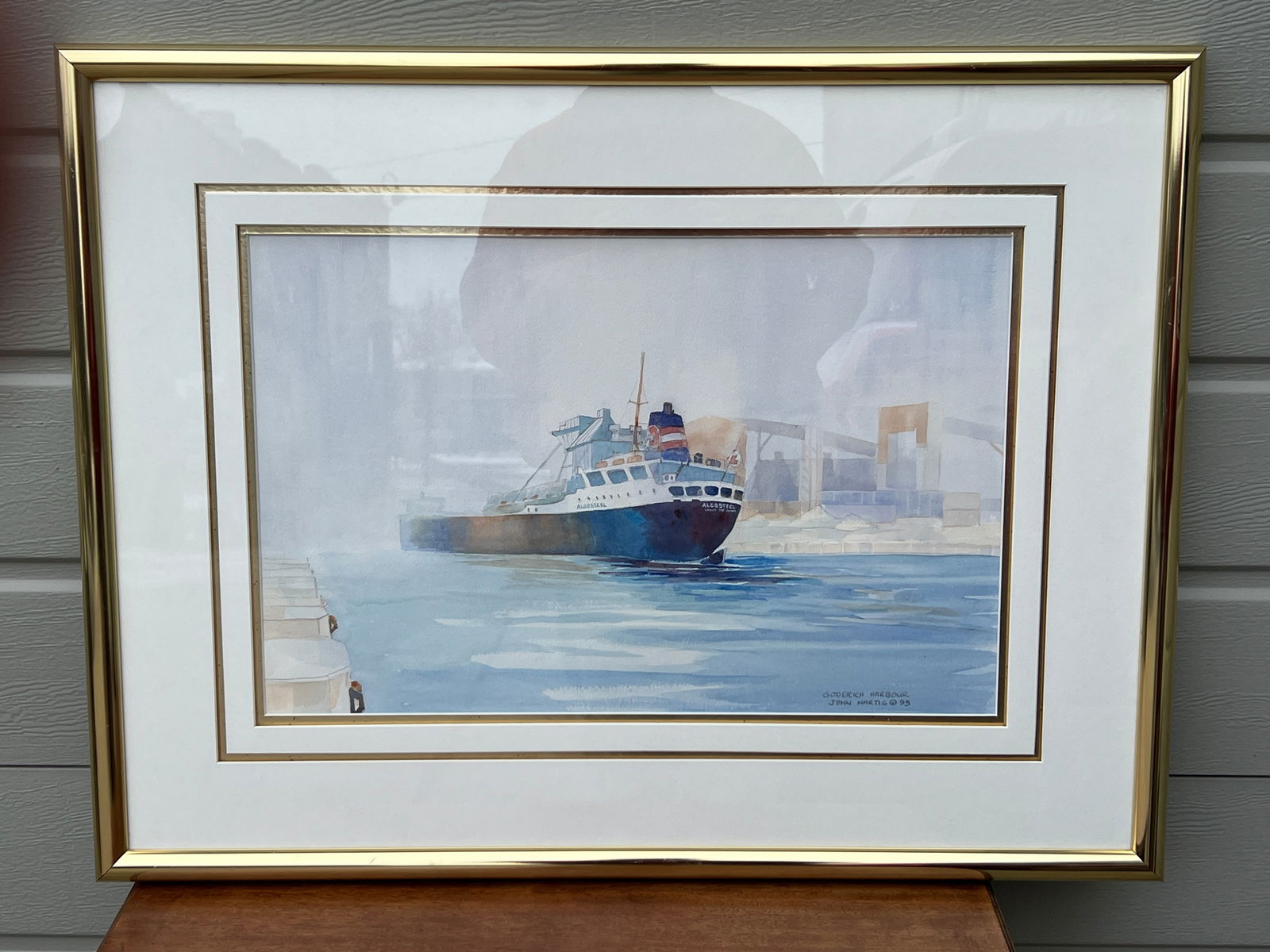 Goderich Harbour John Hartig c. 1985 Framed Freighter Print: vintage watercolor print