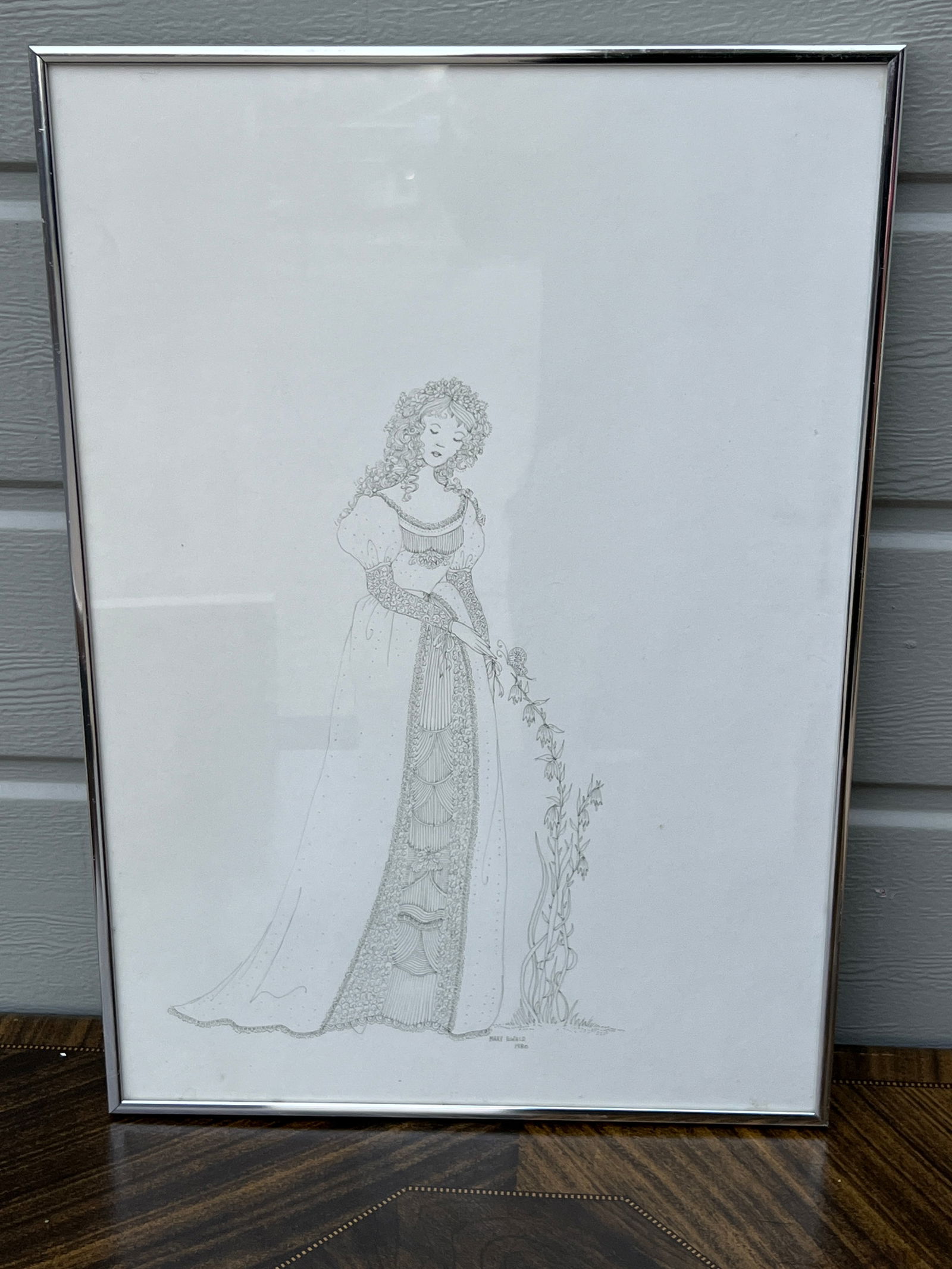 1980 Detroit Artist Mary Ewald Signed Pen and Ink Drawing Female Flowers: Framed Dimensions 14.5"x20.5"