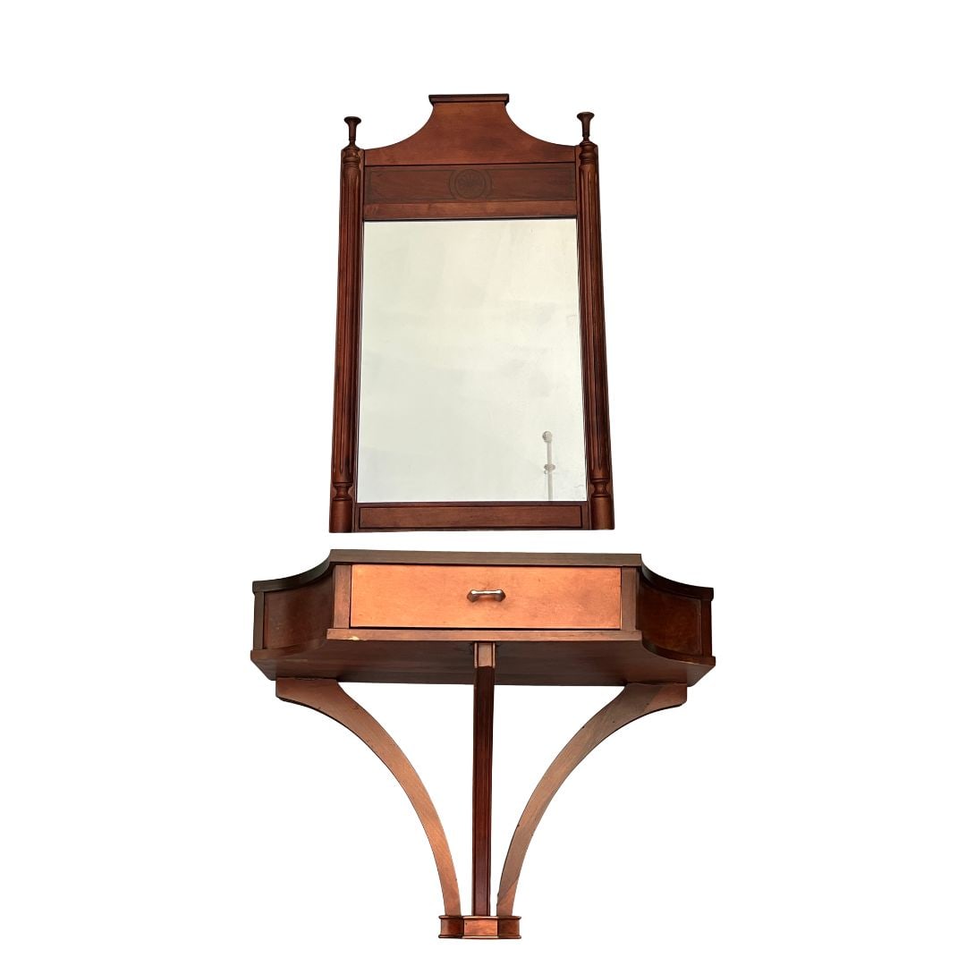 Vintage Wood Wall Shelf with Handpainted Mirror: has chip on underside, noted in photos