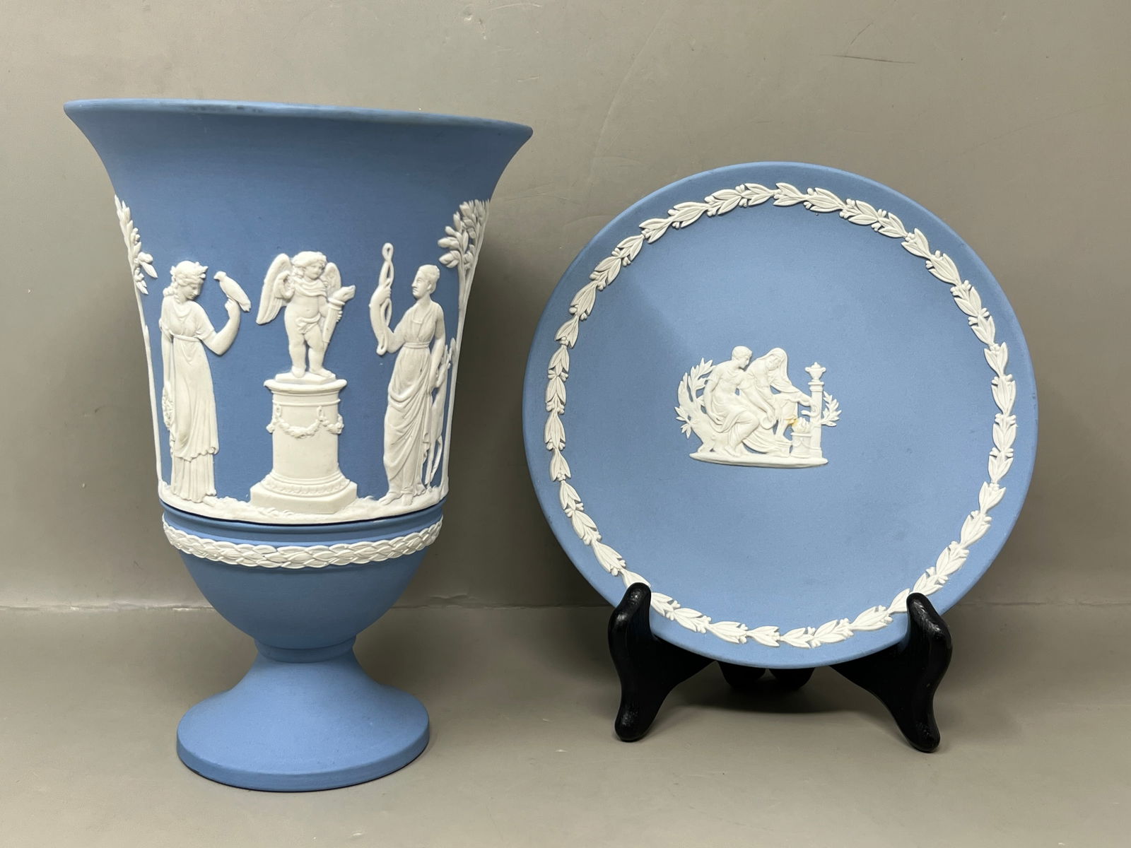 Wedgwood Jasperware Arcadian Vase and Plate: great condition and unique shape