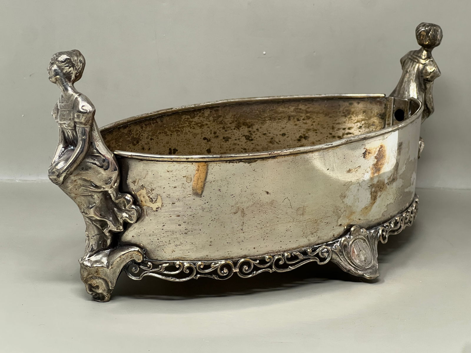 Art Nouveau Silver Plated Jadiniere w Figural Nudes: a great display of the divine female