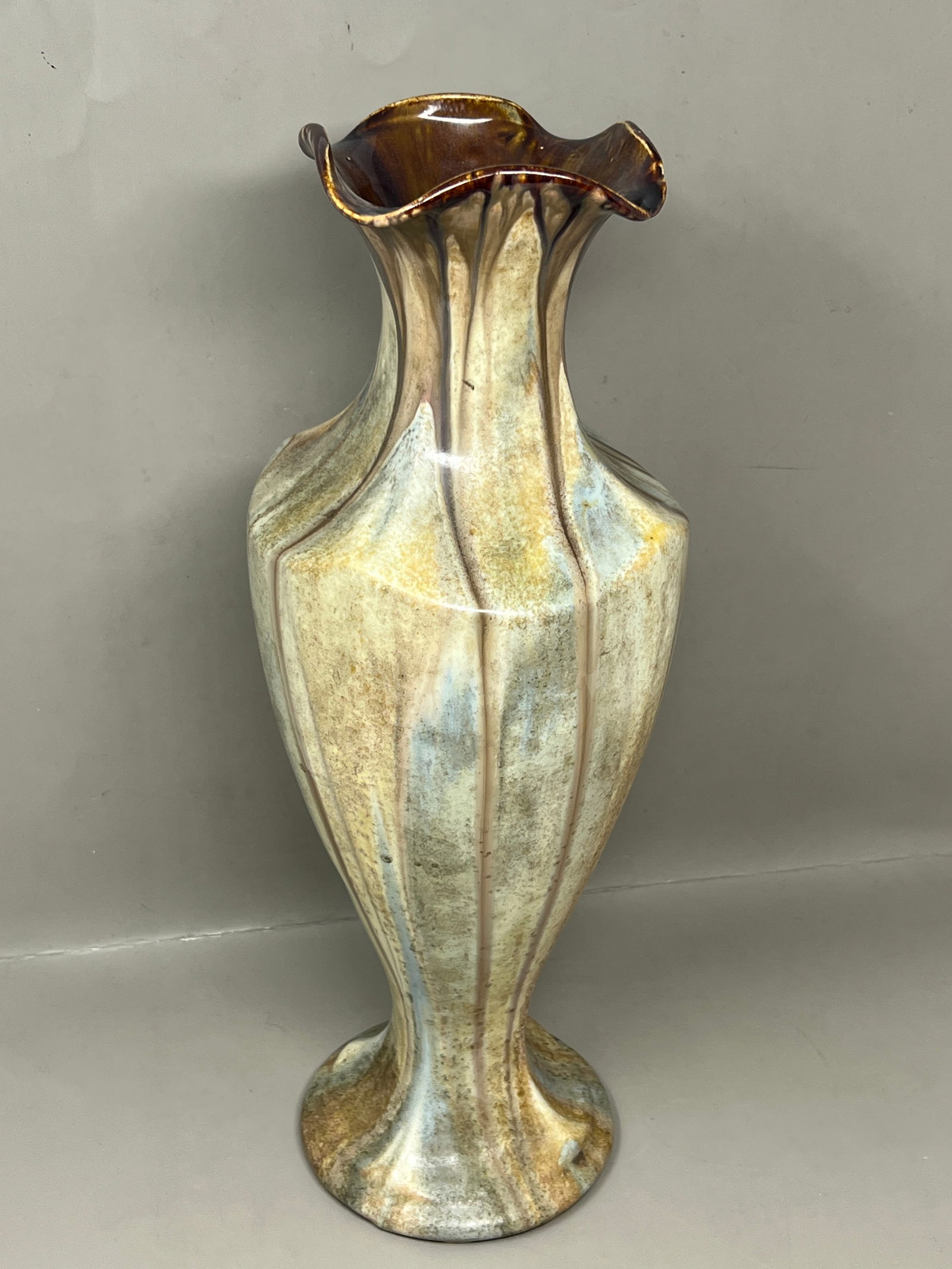Antique Belgian Ceramic Tall Floral Vase Stamped "83 Belgium": great condition for age