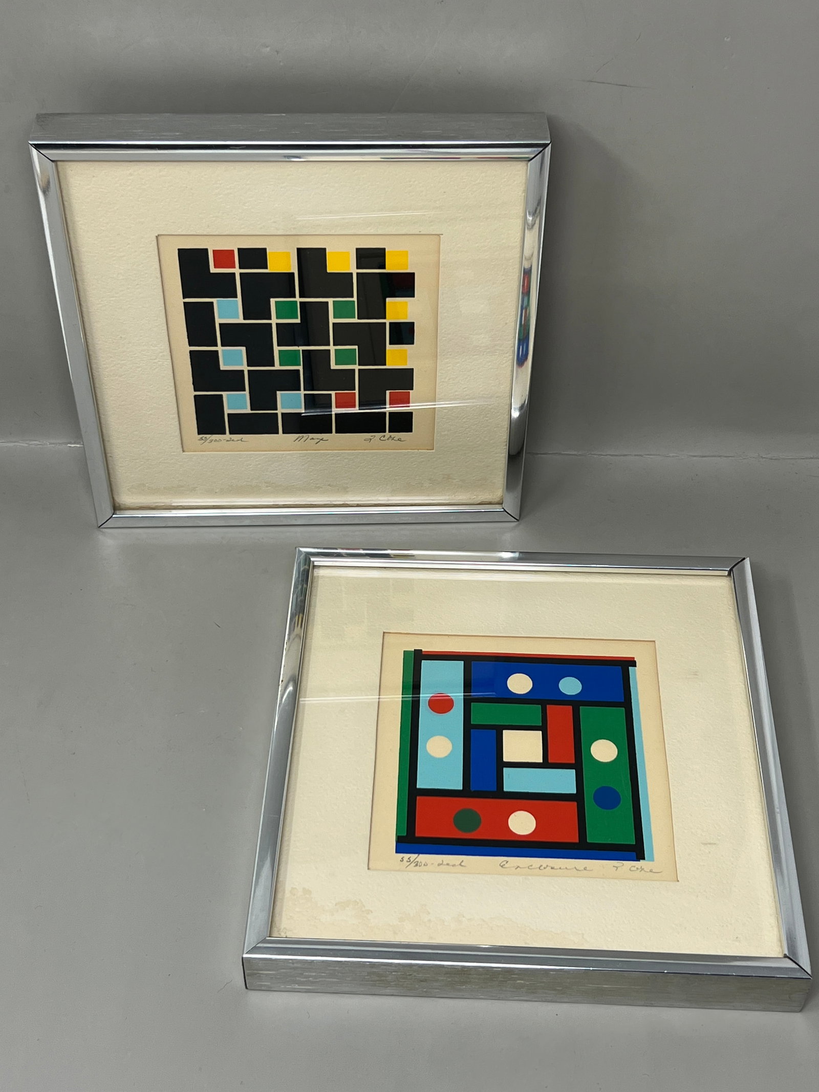 Pair of 20C Geometric Abstract Serigraphs Signed Numbered "Cose": perfect for filling a gap in a gallery wall or small space